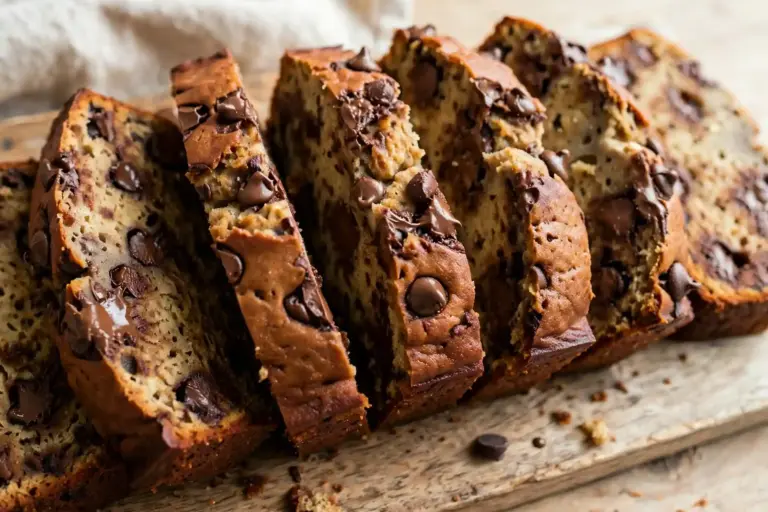 Sliced chocolate chip banana bread loaf on a wooden board showing moist crumb