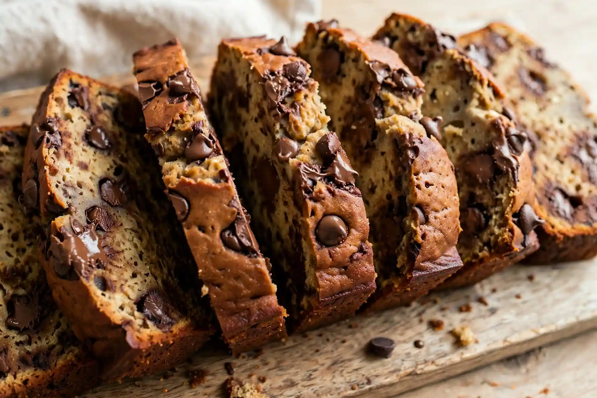 Chocolate Chip Banana Bread 5 Sliced chocolate chip banana bread loaf on a wooden board showing moist crumb