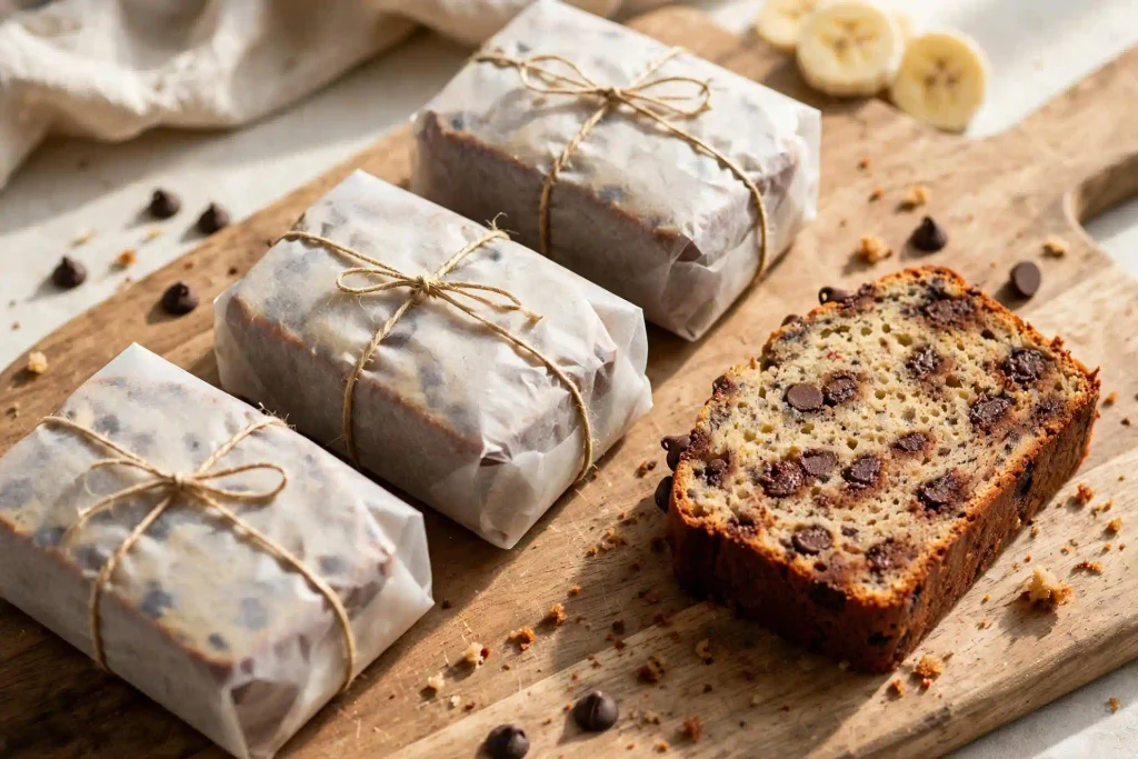 Chocolate Chip Banana Bread 4 Chocolate chip banana bread slices wrapped for storage on a cutting board