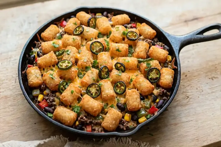 Cast iron skillet of cowboy casserole with golden tater tots and melted cheddar, photographed from above for a family dinner.