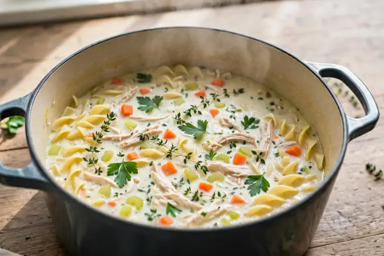 Creamy Chicken Noodle Soup 10 Creamy chicken noodle soup with egg noodles, shredded chicken, and fresh herbs in a Dutch oven