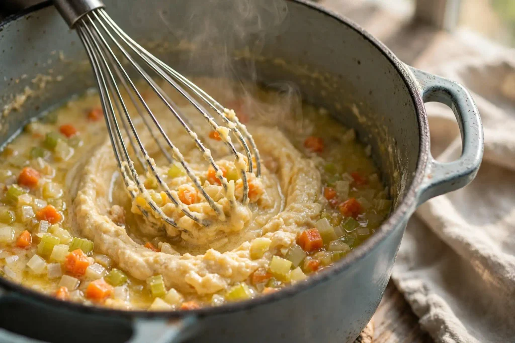 Flour whisked into melted butter with softened carrots, celery, and onion for creamy chicken noodle soup
