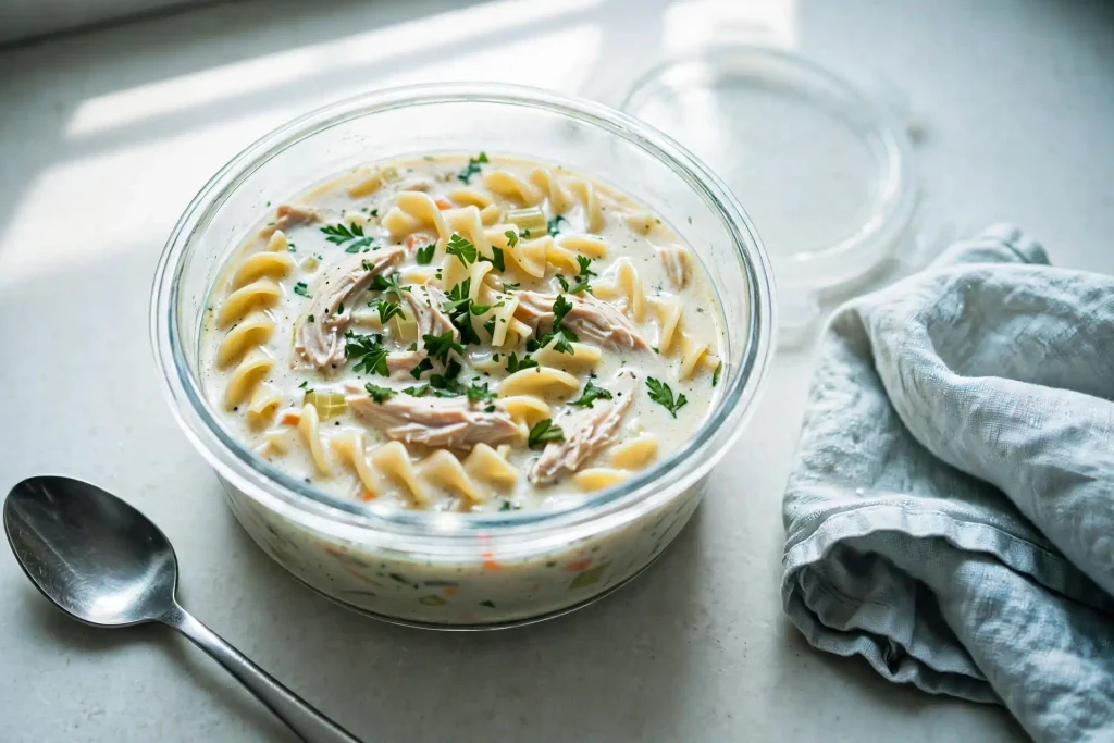 Leftover creamy chicken noodle soup portioned into a glass meal prep container with parsley on top