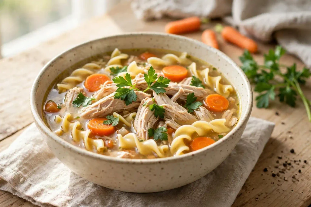 Crockpot Chicken Noodle Soup 4 bowl of crockpot chicken noodle soup garnished with fresh parsley, ready to serve