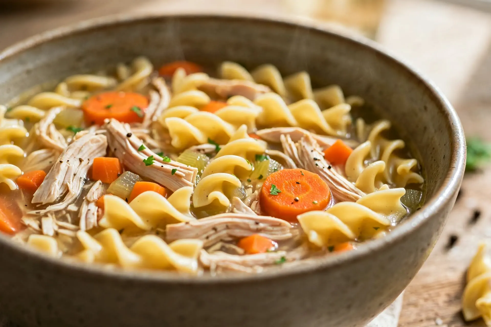 Crockpot Chicken Noodle Soup 5 bowl of crockpot chicken noodle soup with shredded chicken and egg noodles, overhead shot