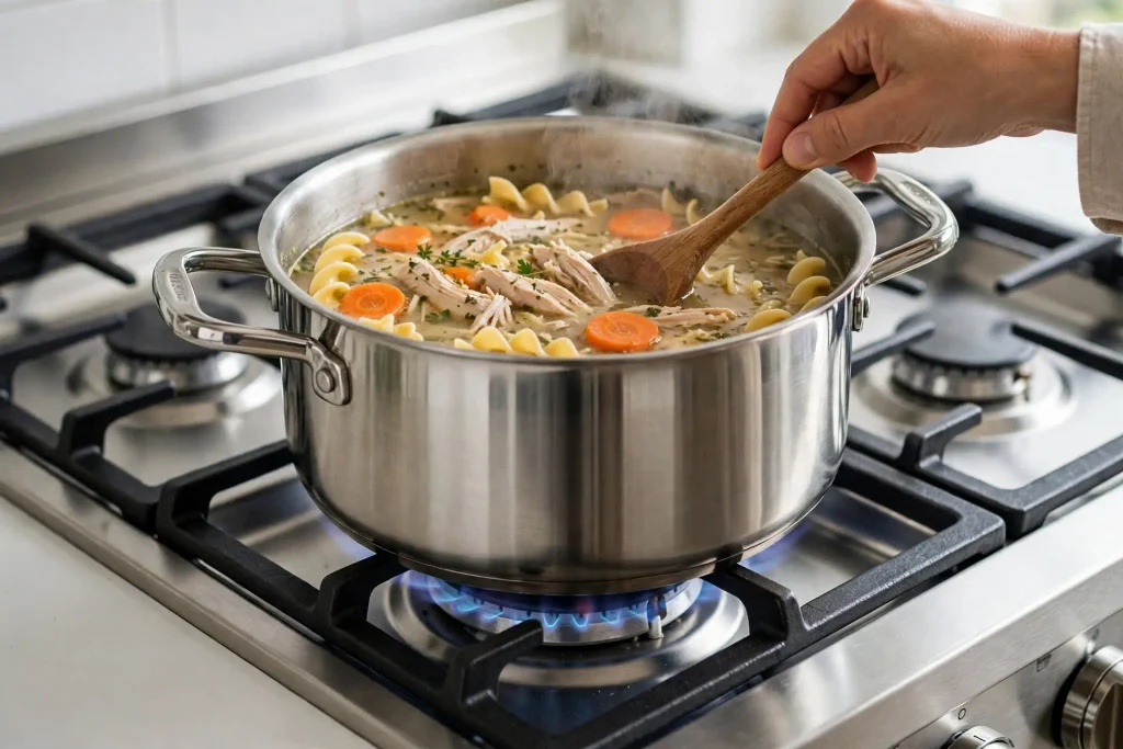 Crockpot Chicken Noodle Soup 3 stirring shredded chicken back into crockpot chicken noodle soup with vegetables
