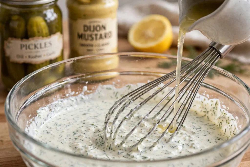 Dill Pickle Pasta Salad 3 Creamy dill pickle pasta salad dressing being whisked with pickle brine and chopped dill in a glass mixing bowl