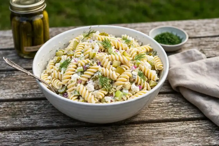 Large bowl of creamy dill pickle pasta salad with rotini, diced pickles, cheddar cubes, and fresh dill on a picnic table
