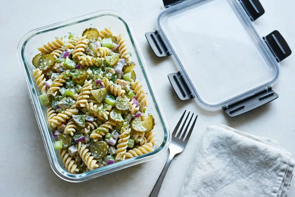 Dill Pickle Pasta Salad 4 Leftover dill pickle pasta salad packed in a glass meal prep container with a lid, ready for next day lunch
