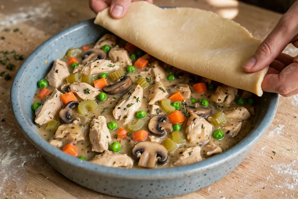 Easy Chicken Pot Pie 3 laying pie crust over chicken pot pie filling in a baking dish