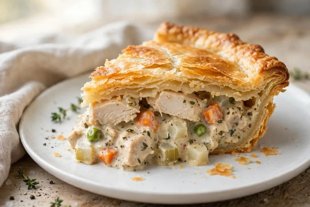 Easy Chicken Pot Pie 4 sliced easy chicken pot pie showing filling and crust layers on a plate