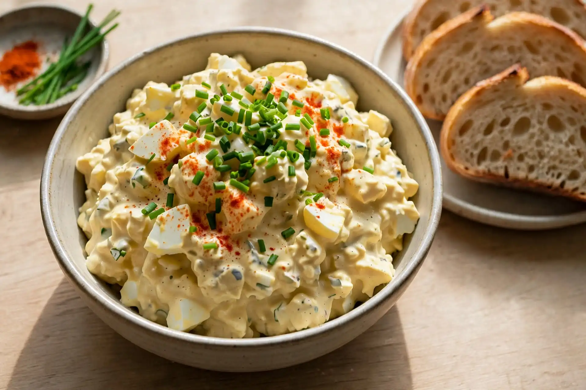 Egg Salad 5 Creamy egg salad in a bowl with chives and paprika garnish, served with bread