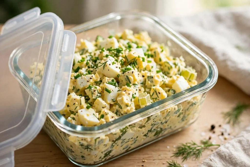 Egg Salad 4 Egg salad stored in a glass meal prep container with a lid