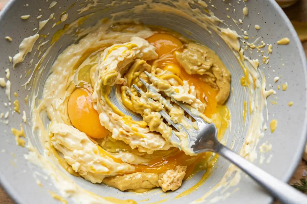 Egg Salad 3 Egg yolks being mashed with mustard and mayonnaise in a bowl
