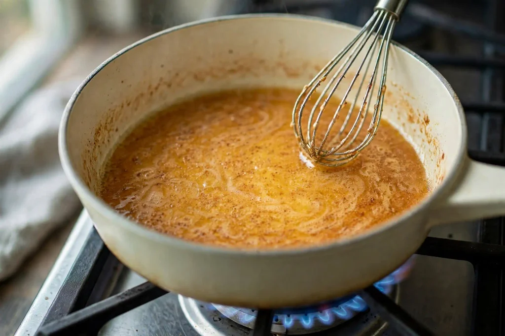 Fall Cookies 3 Butter browning to a golden amber color with toasted milk solids in a saucepan