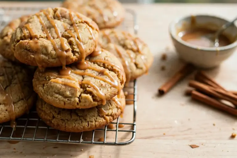Fall Cookies 6 Stacked soft fall spice cookies with maple glaze drizzle cooling on a wire rack