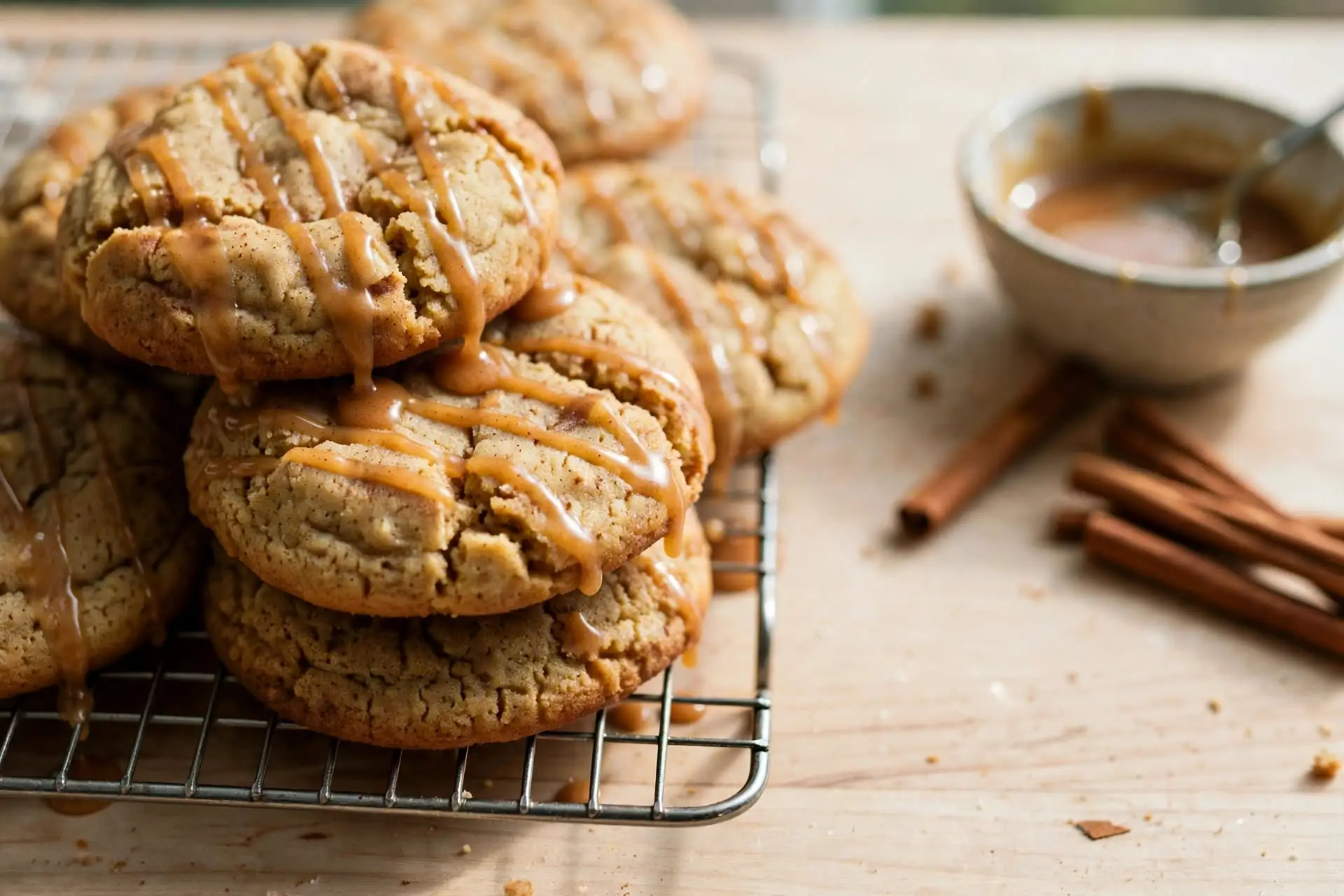 Fall Cookies 5 Stacked soft fall spice cookies with maple glaze drizzle cooling on a wire rack