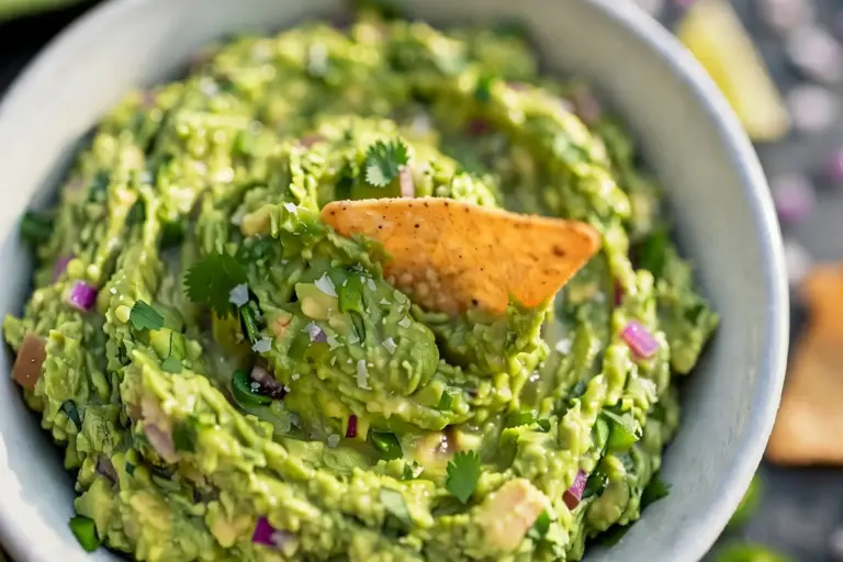 Guacamole 9 Fresh guacamole in a molcajete bowl with lime wedges and tortilla chips