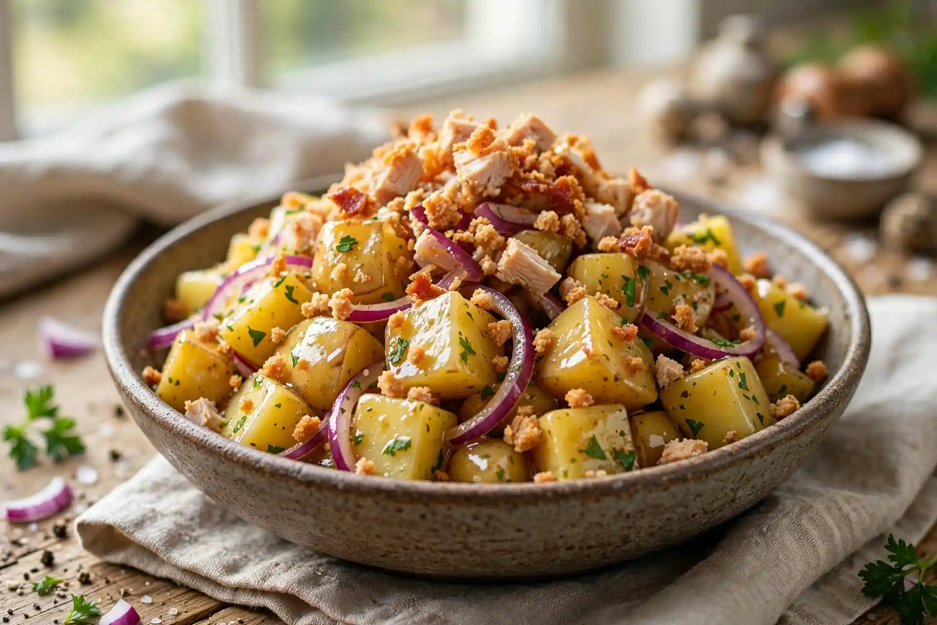 German Potato Salad 5 warm German potato salad with crispy turkey strips and chives in a wooden bowl, traditional vinegar-based side dish