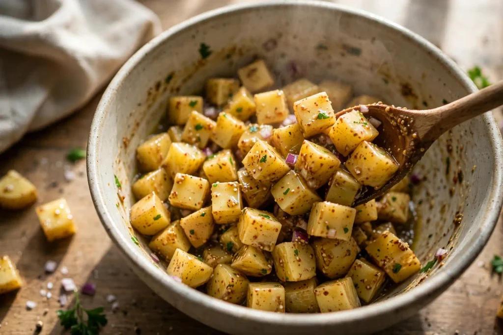 German Potato Salad 3 folding warm savory dressing into sliced potatoes for German potato salad, kitchen counter overhead shot