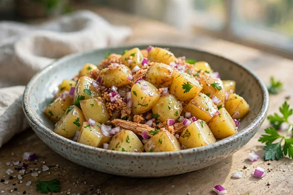 German Potato Salad 4 plated German potato salad topped with crispy turkey strips and chives, ready to serve
