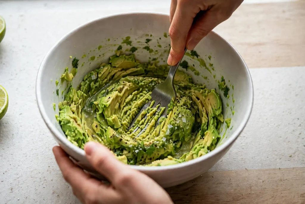 Guacamole 3 Avocado being mashed with lime juice and seasoning in a wide bowl