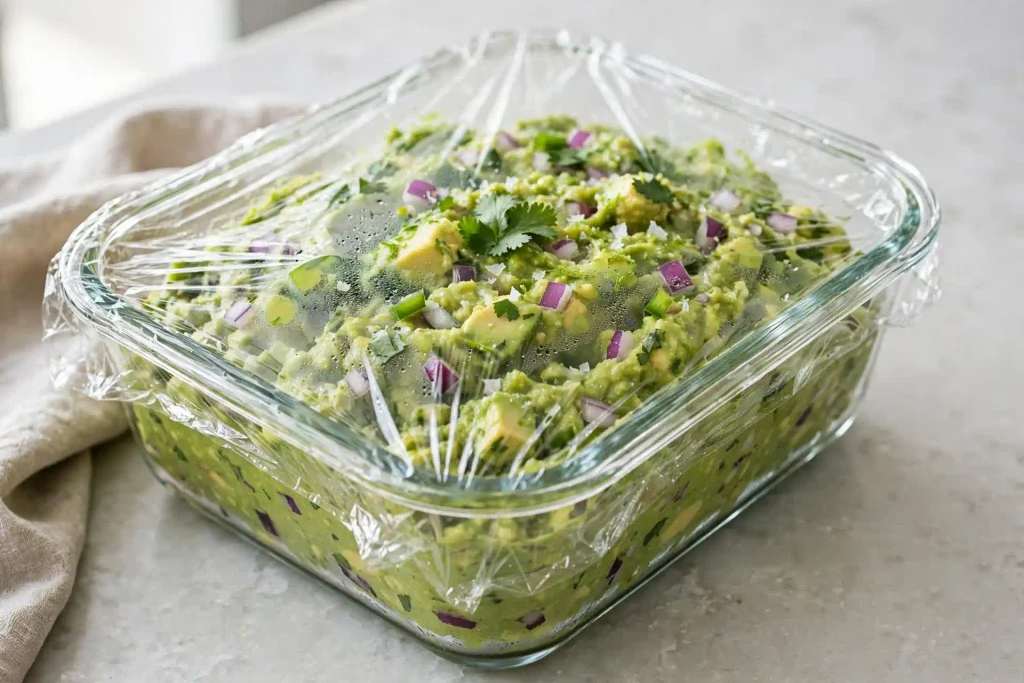 Guacamole 4 Guacamole stored in a container with plastic wrap pressed onto the surface