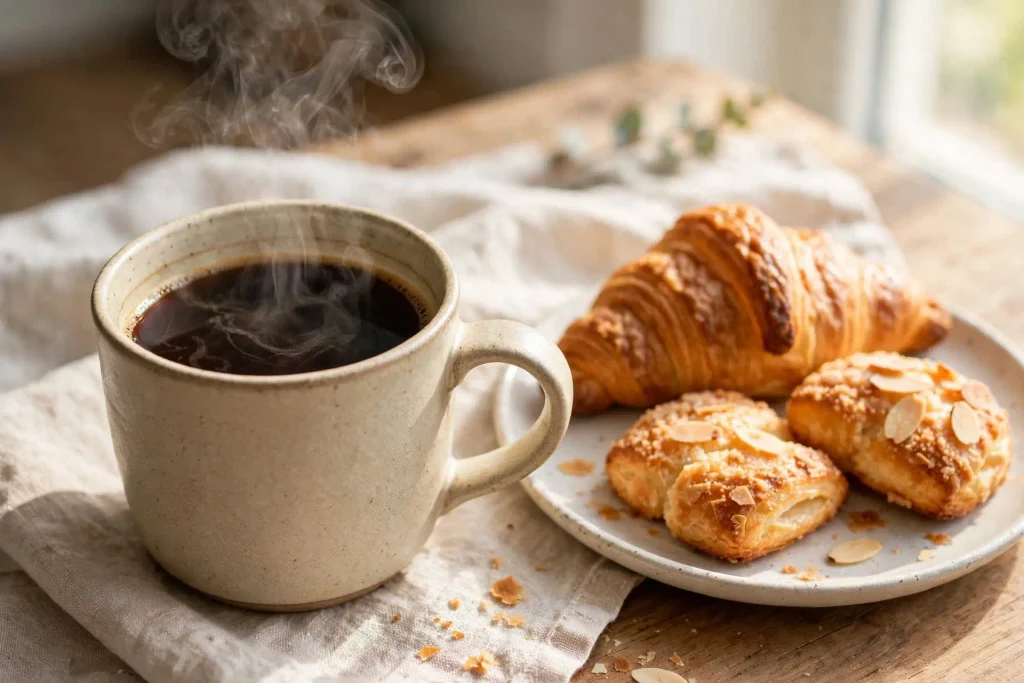 Hot Coffee 4 mug of hot coffee with rising steam next to a plate of pastries