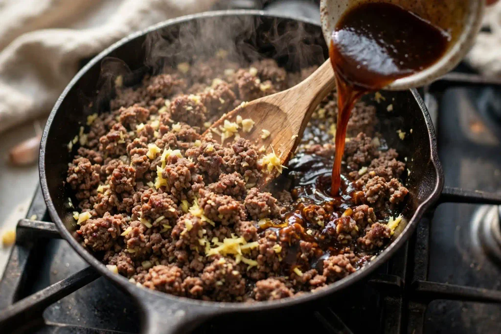 Korean Beef Bowl 3 Ground beef with minced garlic and grated ginger browning in a skillet for Korean beef bowl