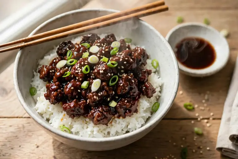 Korean beef bowl with glossy sweet soy glazed ground beef over steamed rice, topped with sesame seeds and scallions