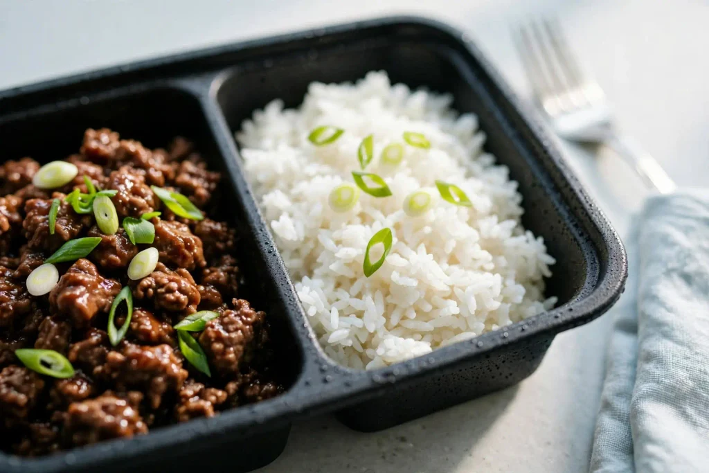 Korean Beef Bowl 4 Leftover Korean beef bowl with glazed beef and rice stored in a glass meal prep container