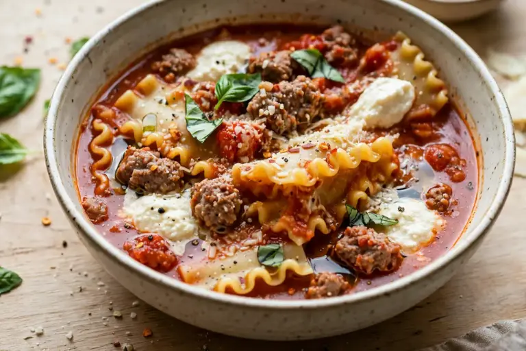 Lasagna Soup 10 Bowl of lasagna soup topped with melted mozzarella, ricotta dollop, and fresh basil