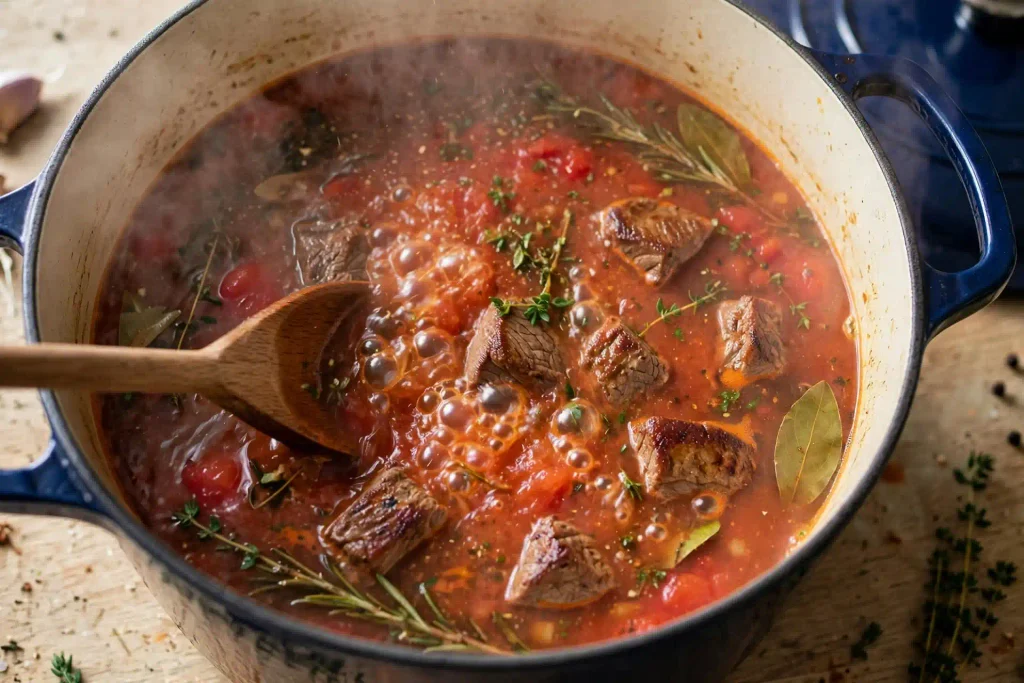 Lasagna Soup 3 Tomato beef broth simmering in a Dutch oven with visible herbs and browned meat