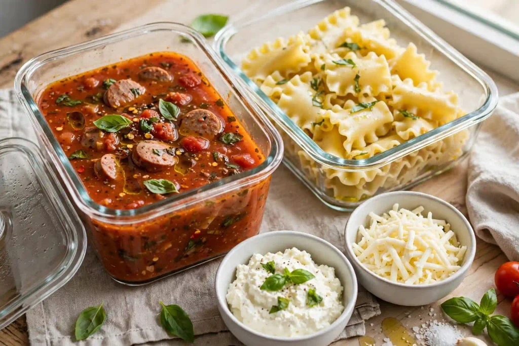 Lasagna Soup 4 Lasagna soup broth stored in a glass container separate from noodles and cheese