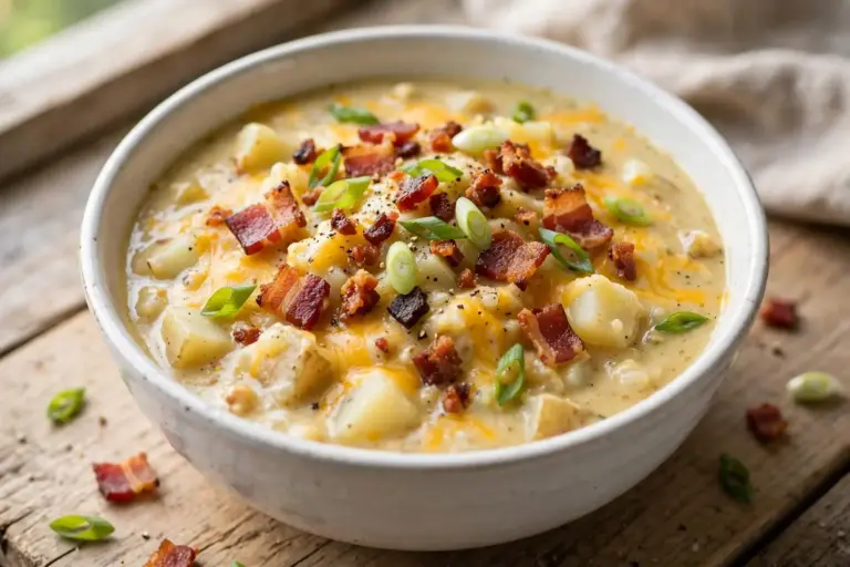 Bowl of loaded baked potato soup topped with cheddar, scallions, and crispy shallots, shown from above for a weeknight dinner.