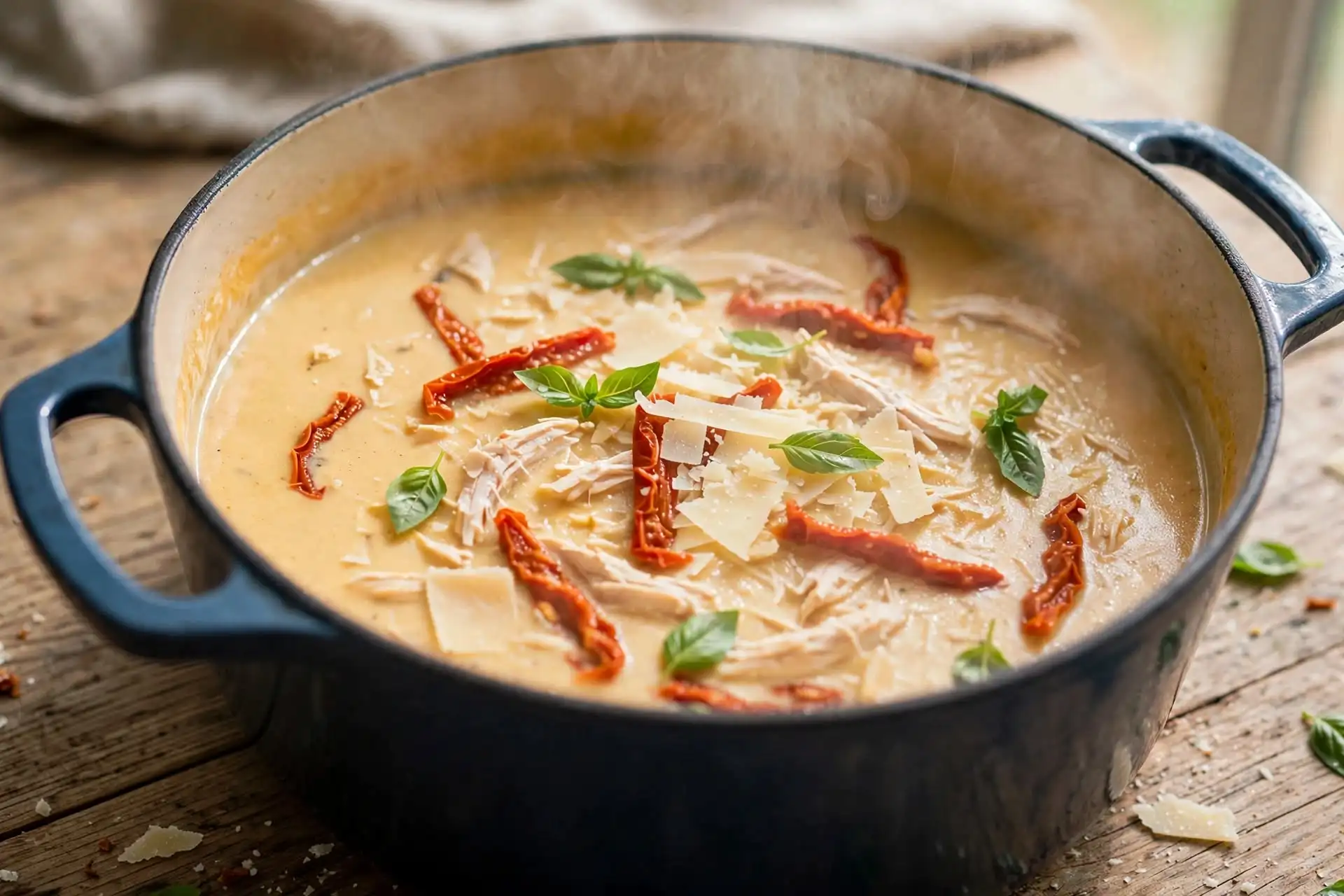 Marry Me chicken soup with shredded chicken, sun-dried tomatoes, and a creamy Parmesan broth in a Dutch oven