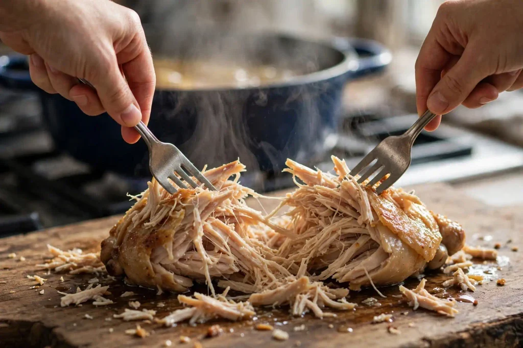 Cooked chicken thighs shredded with two forks on a cutting board for Marry Me chicken soup