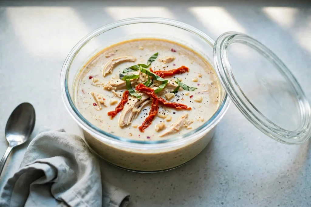 Leftover Marry Me chicken soup portioned into a glass meal prep container with basil on top