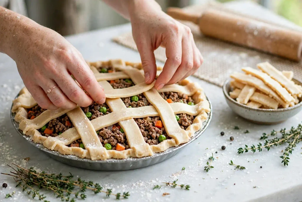 Meat Pie 3 crimping pie crust edges over meat pie filling before baking