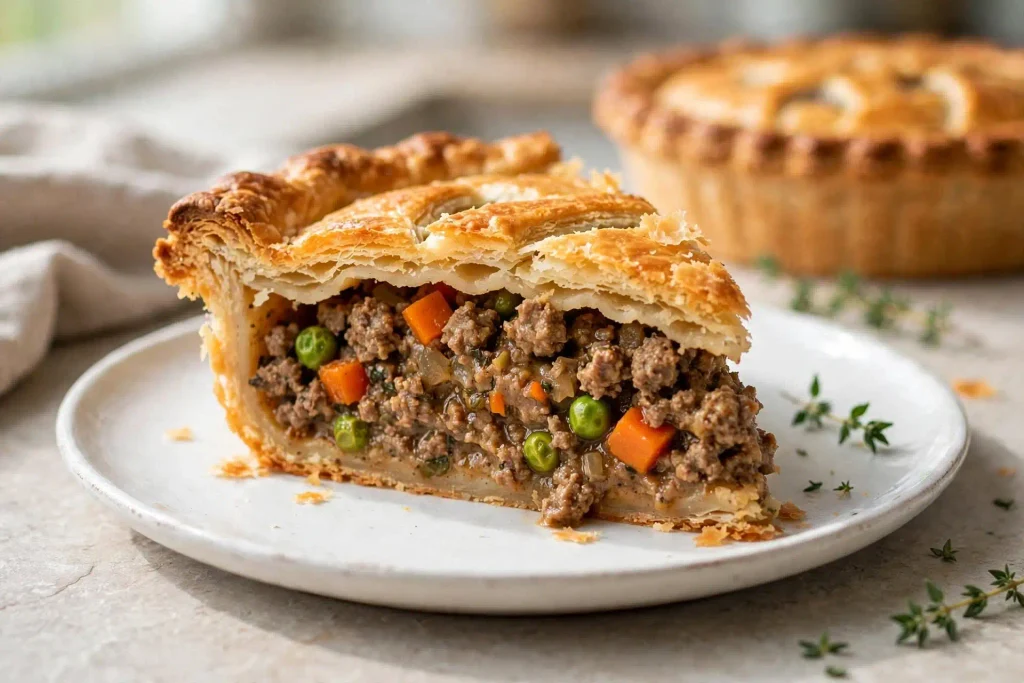 Meat Pie 4 sliced meat pie showing filling and flaky crust layers on a plate