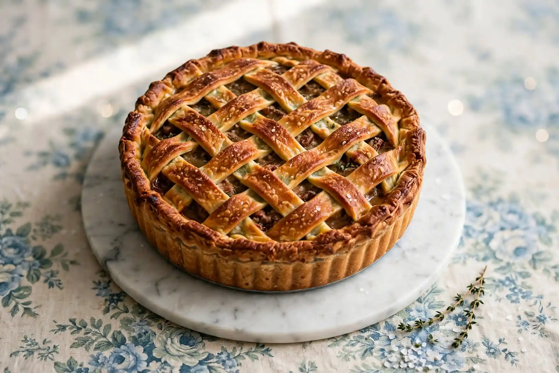 Meat Pie 5 whole baked meat pie with golden crust on a wooden table, overhead shot