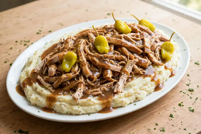 Bowl of shredded Mississippi chicken with pepperoncini and gravy over mashed potatoes, photographed from above for a weeknight dinner.