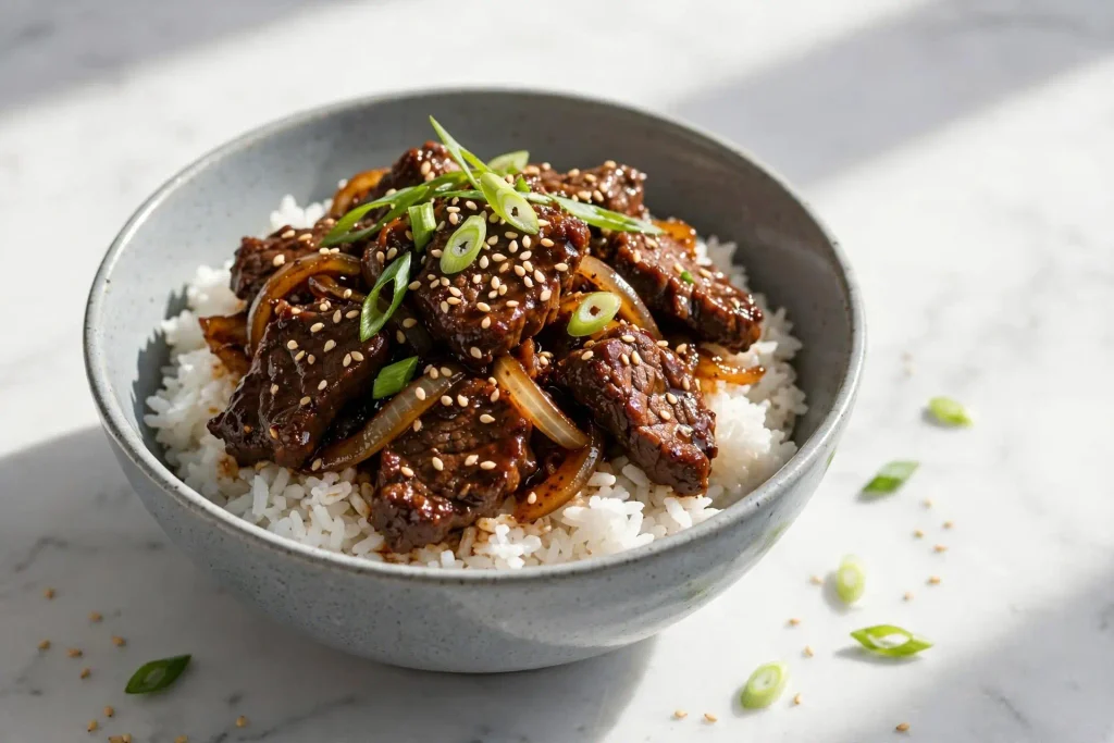 Mongolian Beef 4 Mongolian beef served over rice with sesame seeds and green onion garnish