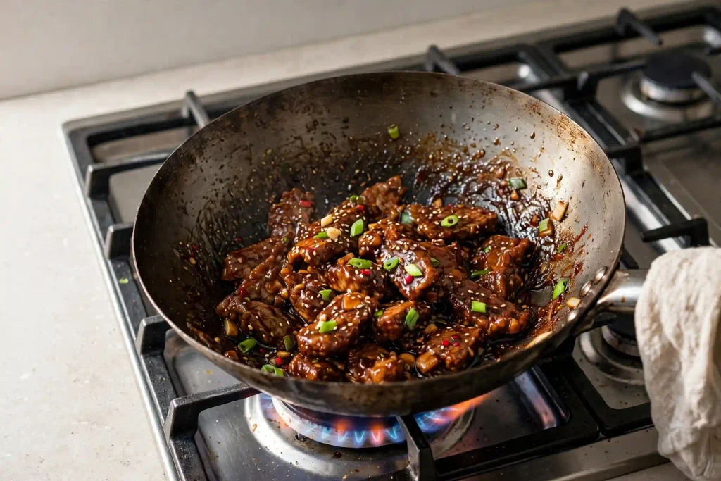 Mongolian Beef 3 tossing crispy fried beef in thickened Mongolian sauce in a wok