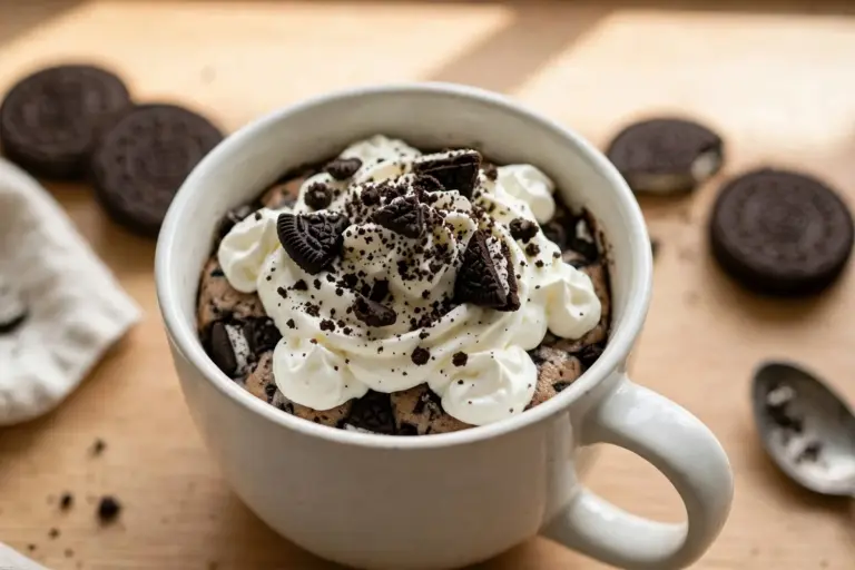 Oreo Mug Cake 1 Oreo mug cake in a white mug topped with crushed cookie and whipped cream, overhead shot