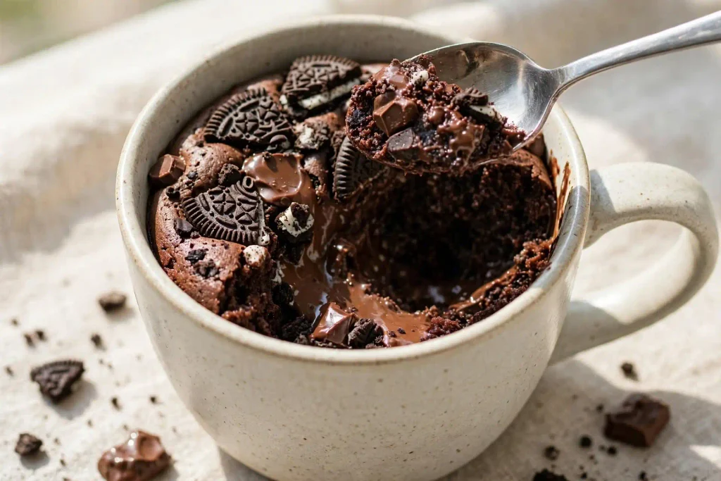 Oreo Mug Cake 4 Oreo mug cake with a spoon dipped in, showing melted chocolate chunks inside