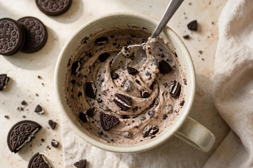 Oreo Mug Cake 3 stirring Oreo mug cake batter with crushed cookie pieces in a mug