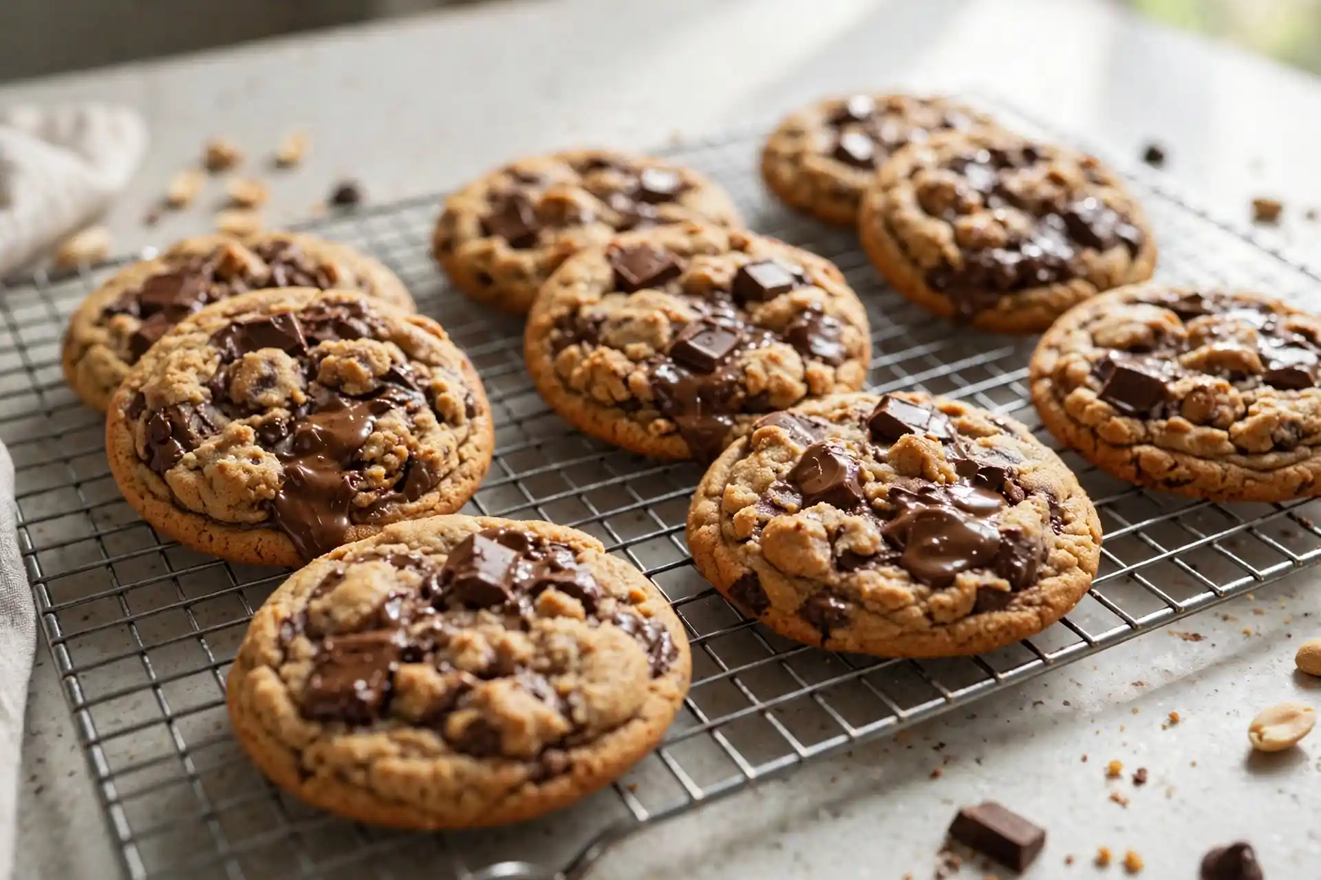 Peanut Butter Chocolate Chip Cookies 5 peanut butter chocolate chip cookies cooling on a wire rack, overhead shot