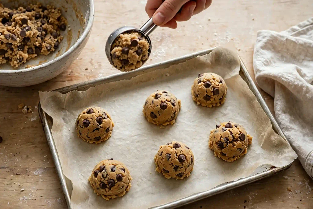 Peanut Butter Chocolate Chip Cookies 3 scooping peanut butter chocolate chip cookie dough onto a baking sheet before baking