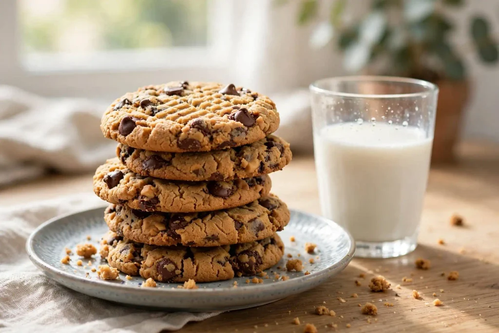 Peanut Butter Chocolate Chip Cookies 4 stack of peanut butter chocolate chip cookies with a glass of milk